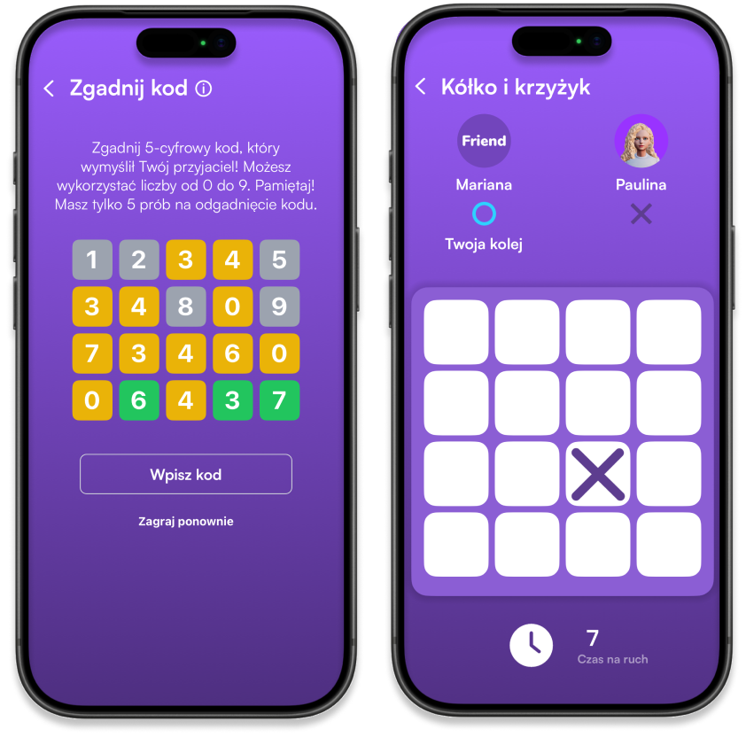 Ekrany telefonów przedstawiające wybrane gry, w które można grać z Przyjacielem - tutaj: kółko i krzyżyk oraz enigma.