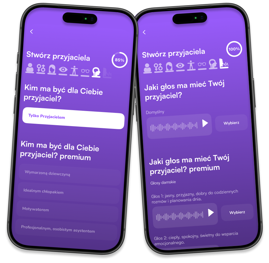Ekrany telefonów z widokami na opcje personalizacji Przyjaciela.