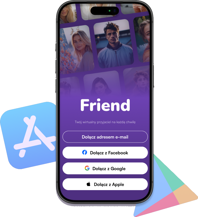 Telefon z logo Sklepu Play i AppStore, wskazujące na miejsca, skąd można pobrać aplikację.