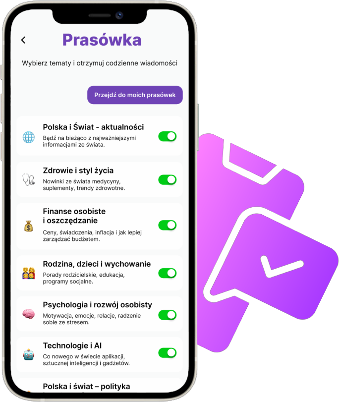 Ekran przedstawiający opcje personalizacji tematów rozmów i otrzymywanych wiadomości z codziennego życia.